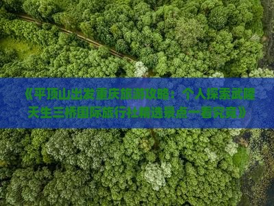 《平顶山出发重庆旅游攻略：个人探索武隆天生三桥国际旅行社精选景点一看究竟》